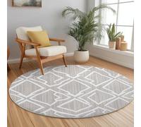 Tapis Rond Flanelle, Ligne de Style Broderie géométrique imprimé antidérapant Pliable à Poils Ras, décoration de la Maison, 90 cm Balcon Jardin Salon et Salle à Manger Gris Clair Blanc