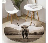 Tapis Rond Flanelle, Photographie Simple De Bovins des Highlands imprimé antidérapant Pliable à Poils Ras, décoration de la Maison, 90 cm Balcon Jardin Salon et Salle à Manger Gris