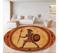 Tapis Rond Flanelle, Soldat Grec Traditionnel Et Antique imprimé antidérapant Pliable à Poils Ras, décoration de la Maison, 150 cm Balcon Jardin Salon et Salle à Manger Jaune Orangé