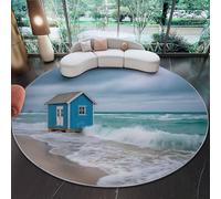 Tapis Rond Flanelle Ultra Douce 180 cm, Motif imprimé Côte Plage Cabane Vagues, Vert émeraude Poils Courts Antidérapant Tapis de Sol Confortable pour Salon, Chambre et Salle à Manger