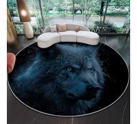 Tapis Rond Flanelle Ultra Douce 60 cm, Motif imprimé Gros Plan Fantastique Loup Animaux, Noir Bleu Poils Courts Antidérapant Tapis de Sol Confortable pour Salon, Chambre et Salle à Manger