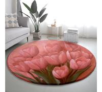 Tapis Rond Fleur Élégante Rose Tapis Exterieur Rond pour Jardin Terrasse Intérieur Salon Chambre Antidérapant Court en Peluche Doux Lavable en Machine 100 cm