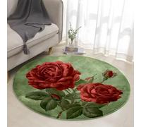 Tapis Rond Fleur Verte Vintage Tapis Exterieur Rond pour Jardin Terrasse Intérieur Salon Chambre Antidérapant Court en Peluche Doux Lavable en Machine 100 cm