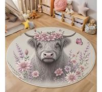 Tapis Rond Fleurs Réalistes Vaches Des Highlands Animaux Rustiques - Moquette Lavable Poils Courts Doux Antidérapant Pour Chambre À Coucher Salon Vestibule Entrée Chambre D'Enfant, Gris 80 Cm
