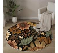 Tapis Rond Fleurs Rétro 100 cm, Tapis à Poils Courts Bohême Lavable en Machine Antidérapant Décoratif Rond pour Salon Chambre Salle à Manger, Brun Foncé