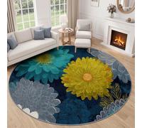 Tapis Rond Flore Moderne, Tapis Antidérapant De Salon Salle À Manger Chambre Cuisine, Lavable Interieur Décoration Design Plante Fleur Dahlia, Turquoise Poil Court Doux 90 cm
