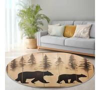 Tapis Rond Forêt de pins de l'ours Brun rétro Tapis de Chambre 100 cm (Round) Adulte Doux Machine pour Salon Antidérapant Imprimé pour Salle à Manger, Chambre d’Enfant Nurserie Marron Noir