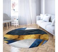 Tapis Rond géométrique Moderne en Bleu Marine, Or et Gris Motif Abstrait douxTapis Lavable antidérapant pour Le Salon, la Salle à Manger, Le Sol de la Maison 100cm