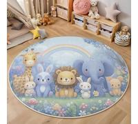 Tapis Rond Girafe Arc-en-Ciel Lion Lapin pour Salon Et Chambre à Coucher Animaux De La Forêt De Dessin Animé Tapis Lavable Doux Tapeto pour Chambre d'enfants Salle De Jeux (60cm, Bleu Clair)