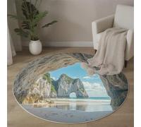 Tapis Rond Gris 150cm, Tapis de Sol Imprimé Grottes Plages Antidérapant Doux, Paysages Réalistes Et Naturels Décoration pour Salon Chambre Cuisine et Salle à Manger Zone d’étude