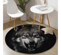 Tapis Rond Gros Plan Dents Loup Portrait Imprimé, Lavable en Machine Tapis de Sol Décoration Antidérapant pour Salon Chambre Cuisine Balcon Terrasse Salle à Manger,(160 cm, Noir Blanc)