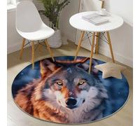 Tapis Rond Gros Plan Loup Animal Neige Imprimé, Lavable en Machine Tapis de Sol Décoration Antidérapant pour Salon Chambre Cuisine Balcon Terrasse Salle à Manger,(60 cm, Coloré)