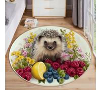 Tapis Rond Hérisson Mignon 160 Cm Salon Tapis Moelleux Antidérapant Teppich Doux Chambre pour Salon, Salle À Manger, Chambre D’Enfant, Nurserie, Fleurs Et Fruits Décor À La Maison Blanc