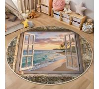 Tapis Rond Illusion visuelle 180cm, Fenêtre en pierre au crépuscule sur la plage Chic Lavable en Machine pour Salon, Antidérapant, Imprimé pour Salle à Manger, Chambre d’Enfant, Nurserie, Jaune Bleu