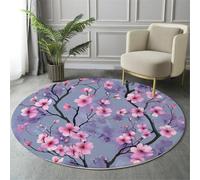 Tapis Rond Illustration Botanique Salon Classic Shaggy Chambre Aquarelle Fleurs De Cerisier Poils Ras Antidérapant Fluffy pour Rugs (200Cm, Violet)