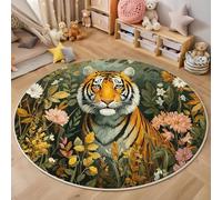 Tapis Rond Illustration d'animaux De Jardin Salon Classic Shaggy Chambre Tigre Mignon Poils Ras Antidérapant Fluffy pour Rugs (60cm, Brun)