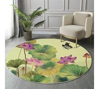 Tapis Rond Illustration Style Chinois Salon Classic Shaggy Chambre Feuille Lotus Motif Papillon Poils Ras Antidérapant Fluffy pour Rugs (100cm, Jaune-Vert)