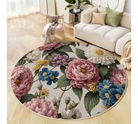 Tapis Rond Illustrations Botaniques Rétro 200cm Lavable Antidérapant Fleurs En Pleine Floraison Tapis à Poils Courts Facile À Entretenir pour Salon Bureau Chambre Salle à Manger Decoration, Vert
