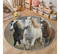 Tapis Rond,Impression 3D Chevaux Au Galop Dans Les Champs Sol Antidérapant Lavable,Animaux Naturels Moquette Pour Salon Chambre Des Enfants Balcon Décoration D'Entrée Coucher,Marron Blanc,120Cm