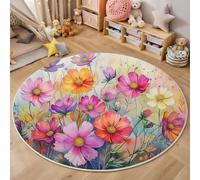 Tapis Rond,Impression 3D Cosmos en Fleurs Sol Antidérapant Lavable,Plantes À L'Aquarelle Moquette pour Salon Chambre des Enfants Balcon Décoration D'Entrée Coucher,Couleur,140Cm