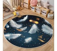 Tapis Rond,Impression 3D Plumes Flottantes Sol Antidérapant Lavable,Art Magique Intéressant Moquette pour Salon Chambre des Enfants Balcon Décoration D'Entrée Coucher,Bleu Blanc,200Cm