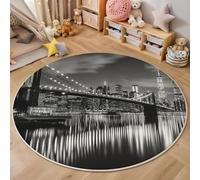 Tapis Rond,Impression 3D Pont La Nuit Sol Antidérapant Lavable,Architecture New-Yorkaise Intéressant Moquette pour Salon Chambre des Enfants Balcon Décoration D'Entrée Coucher,Noir Et Blanc,140Cm