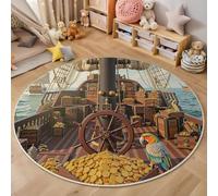 Tapis Rond Imprimé Bateau Pirate Pièces d'or, Thème De L'Aventure Oiseaux Antidérapant Décoration Brun Foncé Tapis de Sol, pour Chambre d'enfant Salle de Jeux Salon Chambre Cuisine Balcon 90cm