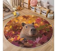 Tapis Rond Imprimé Capybara Feuilles d'automne, Animal Naturel Réaliste Antidérapant Décoration Brun Tapis de Sol, pour Chambre d'enfant Salle de Jeux Salon Chambre Cuisine Balcon 120cm