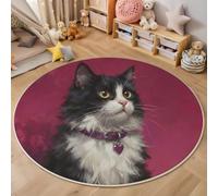 Tapis Rond Imprimé Chat Collier En Forme De Cœur, Réalistes Animaux De Compagnie Antidérapant Décoration Noir Tapis de Sol, pour Chambre d'enfant salle de jeux salon Chambre Cuisine Balcon 60cm