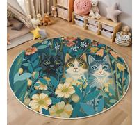 Tapis Rond Imprimé Chat Jardin, Animaux Fleurs À L'Aquarelle Antidérapant Décoration Jaune Tapis de Sol, pour Chambre d'enfant Salle de Jeux Salon Chambre Cuisine Balcon 60cm