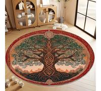 Tapis Rond Imprimé Exquis Arbre du Monde Mystérieux Salon, Lavable Doux Rouge Foncé Tapis de Sol Décoration Antidérapant pour Chambre Salon Cuisine Balcon Bureau 80 cm