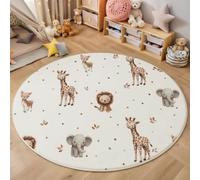 Tapis Rond Imprimé Girafe Lion Éléphant, Dessins Animés Animaux Antidérapant Décoration Brun Tapis de Sol, pour Chambre d'enfant Salle de Jeux Salon Chambre Cuisine Balcon 160cm