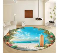Tapis Rond Imprimé Vert Ø 120 cm, Tapis Antidérapant Lavable en Machine à Motif de Plante Fleurs Plage Planches Surf, Moquette Grand Doux en Microfibre à Pile Courte pour Salon Chambre Nurserie