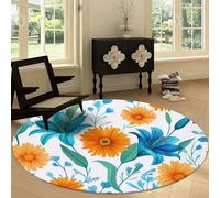 Tapis Rond Interieur 160 cm Aquarelle Plantes Fleurs Feuilles Vertes, Tapis de Salon Lavable Orange Bleu - Moquette Moderne Doux Antidérapant pour Chambre à Coucher Chambre d'enfant Salle de Jeu