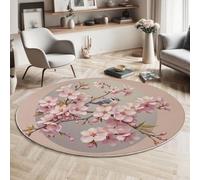 Tapis Rond Jolies Fleurs De Cerisier Oiseaux 120 Cm, Lavable En Machine Pour Salon, Ne Perd Pas Ses Poils, Antidérapant | Tapis Plantes Japonaises Pour Chambre À Coucher Chambre D'Enfant, Rose