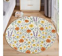 Tapis Rond Jolies Fleurs Sauvages 160 Cm, Lavable En Machine Pour Salon, Ne Perd Pas Ses Poils, Antidérapant | Tapis Plantes De Dessin Animé Pour Chambre À Coucher Chambre D'Enfant, Beige Jaune
