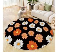 Tapis Rond Jolies Marguerites Dessinées Main 60 Cm, Lavable En Machine Pour Salon, Ne Perd Pas Ses Poils, Antidérapant | Tapis Gribouillages Botaniques Pour Chambre À Coucher Chambre D'Enfant, Noir
