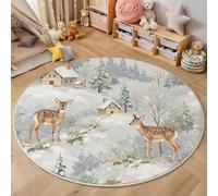 Tapis Rond La Forêt d'hiver Un Conte De Fées pour Salon 90cm, Tapis de Sol Imprimé Maisons Cerfs Lavable et Antidérapant, Carpette Blanc Facile à Entretenir, pour Chambre Cuisine Balcon Terrasse