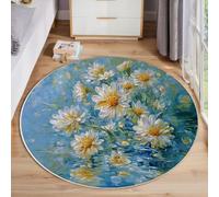 Tapis Rond Lac Des Marguerites Abstrait 180 Cm, Lavable En Machine Pour Salon, Ne Perd Pas Ses Poils, Antidérapant | Tapis Peinture À L'Huile Plantes Pour Chambre À Coucher Chambre D'Enfant, Bleu