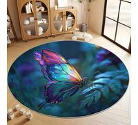 Tapis Rond Lavable 150 cm Bleu Violet, Fantaisie Élégant Animal Papillon Tapis Rond Antidérapant Confortable - pour la Décoration du Salon Chambre Cuisine Intérieur Extérieur
