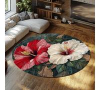 Tapis Rond Lavable 80cm（Rond） Rugs Hibiscus tropicaux à Poils Bas à Poils Bas pour Salon Chambre Tapis intérieur Oriental Rouge Blanc Floral pour l’entrée de la Salle à Manger