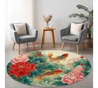 Tapis rond lavable à motif dragon chinois lotus antidérapant pour intérieur - 180 cm - Rouge