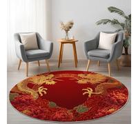 Tapis rond lavable à motif dragon chinois lotus antidérapant pour intérieur - 180 cm - Rouge