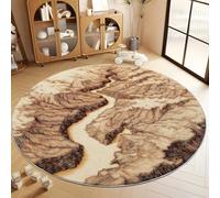 Tapis Rond Lavable à Pile Courte Douce 100 cm, Tapis de Sol Antidérapant Nature Peinture À L'Encre Montagnes Rivière pour Salon Chambre Cuisine Balcon Salle à Manger Intérieur Extérieur, Marron
