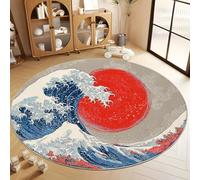 Tapis Rond Lavable à Pile Courte Douce 150 cm, Tapis de Sol Antidérapant Japonais Traditionnel Mystérieux Vagues pour Salon Chambre Cuisine Balcon Salle à Manger Intérieur Extérieur, Gris Clair