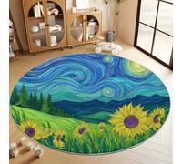 Tapis Rond Lavable à Pile Courte Douce 80 cm, Tapis de Sol Antidérapant Art Floral Tournesol Soleil pour Salon Chambre Cuisine Balcon Salle à Manger Intérieur Extérieur, Bleu-Vert