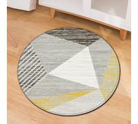 Tapis rond lavable à poils courts et antidérapants pour salon, chambre à coucher, cuisine, décoration d'intérieur, motif géométrique moderne, jaune et gris 190 cm