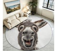 Tapis Rond Lavable Antidérapant, Blanc 120 cm | Animaux, Doux à Poils Ras, Lavable en Machine - Mignon Âne Visage Souriant Idéal pour Salon, Chambre d’Enfant, Salle à Manger, ou comme Descente de Lit