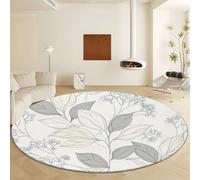 Tapis Rond Lavable en Machine Ø 90 cm Tapis Antidérapant en Flanelle avec Lignes Géométriques Feuilles Plantes, Moquette Gris à Pile Courte Douce pour Décoration Salon Chambre Cuisine et Bureau
