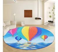 Tapis Rond Lavable en Machine Ø 90 cm Tapis Antidérapant en Flanelle avec Vagues Abstraites Montgolfière Aquarelle, Moquette Bleu à Pile Courte Douce pour Décoration Salon Chambre Cuisine et Bureau